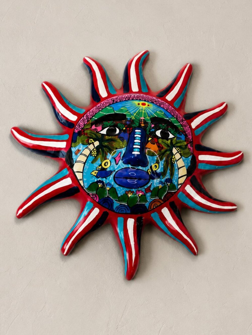 Isidoro Mexican Terracotta Sun Wall Art Hand Painted Ceramic Sun Face Plaque 10” - Picture 1 of 9